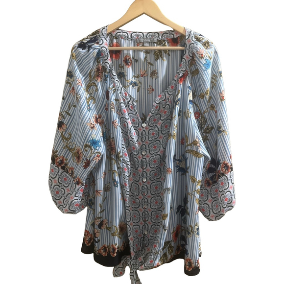 Valerie Stevens Womens 3X Blue and white floral tie front blouse - Picture 1 of 9